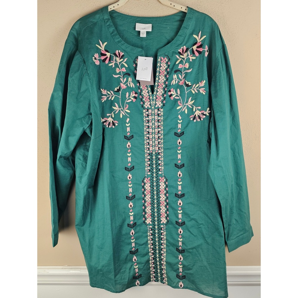 NWT J Jill Womens Green V Neck Embroidered Tunic Top 2X